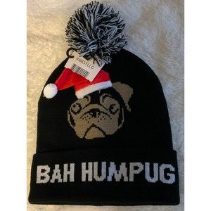 NWT BAH HUMPUG Black Knit Hat With Santa Pug And Pom Pom. Great Gift/ Ugly Xmas